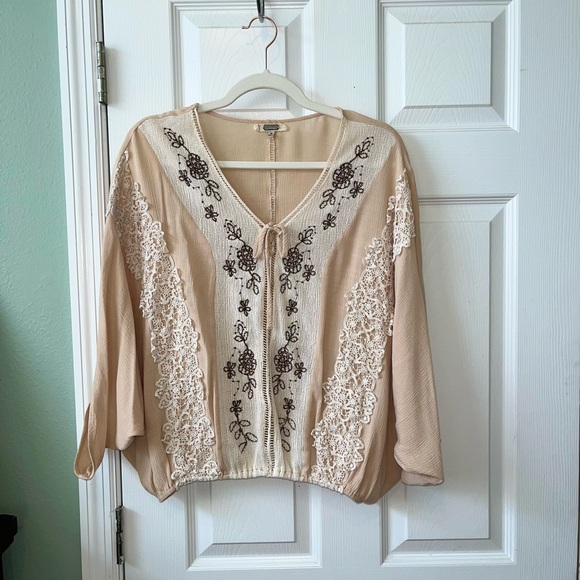 gimmicks by BKE Tops - Gimmicks by BKE Cream BrownTie Front Embellished Blouse
